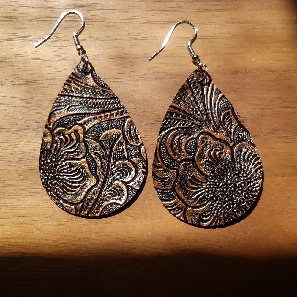 Dark Leather Embossed Shimmer Earrings